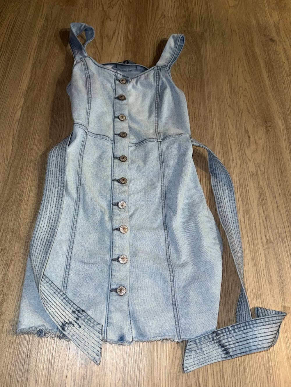 Y2K Rewash Light Wash Denim Mini‎ Dress Button Front Belted Cottagecore Coquette